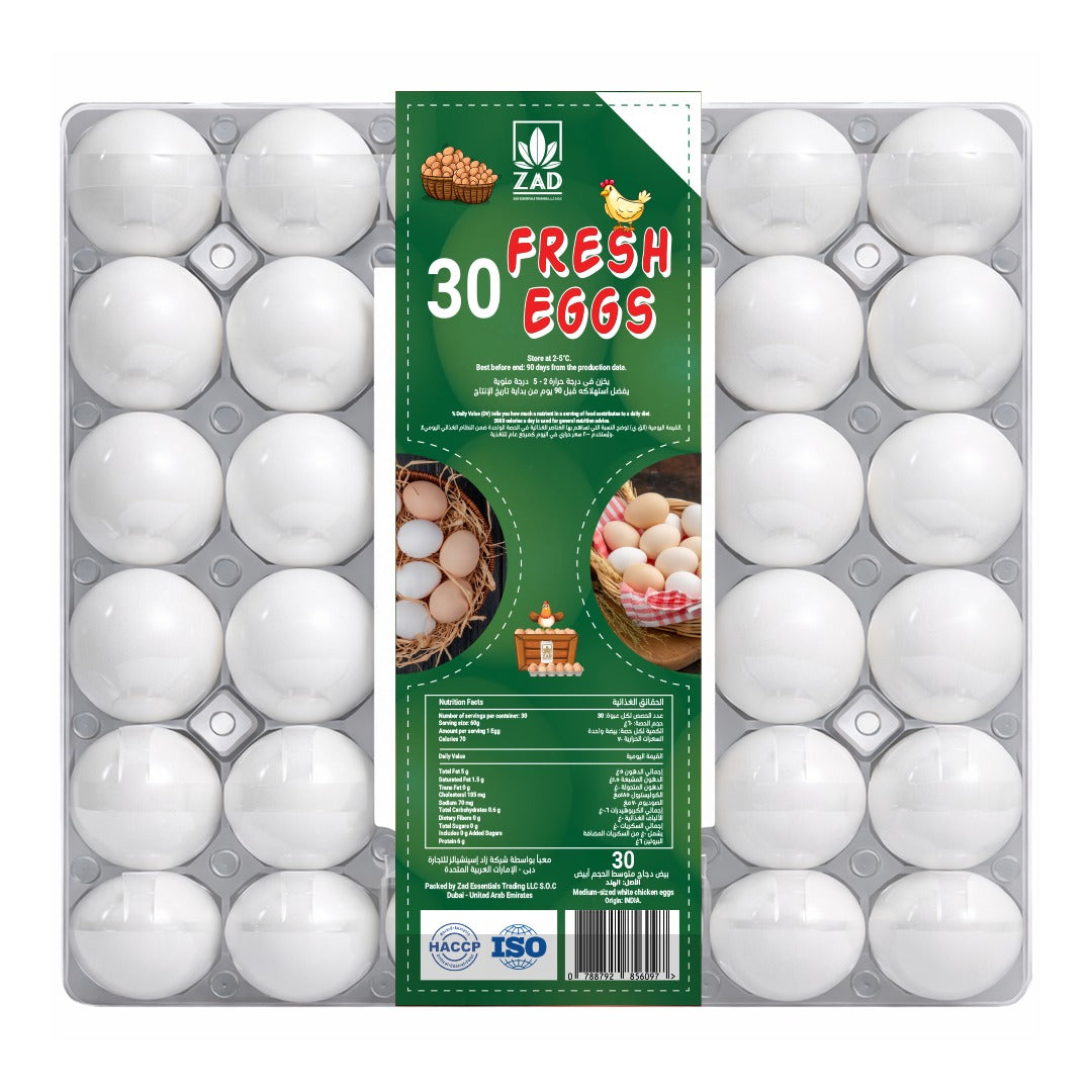 Pack of 30 Zad fresh eggs with a Zad green label on a white background