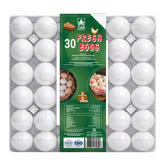 Pack of 30 Zad fresh eggs with a Zad green label on a white background